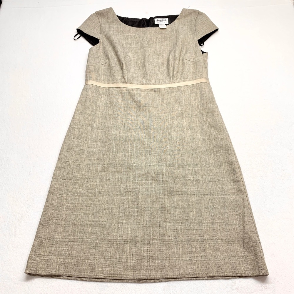 Mary McFadden‎ Sheath Dress Women 14 Tan Tweed Workwear Cap Sleeve Poly Rayon